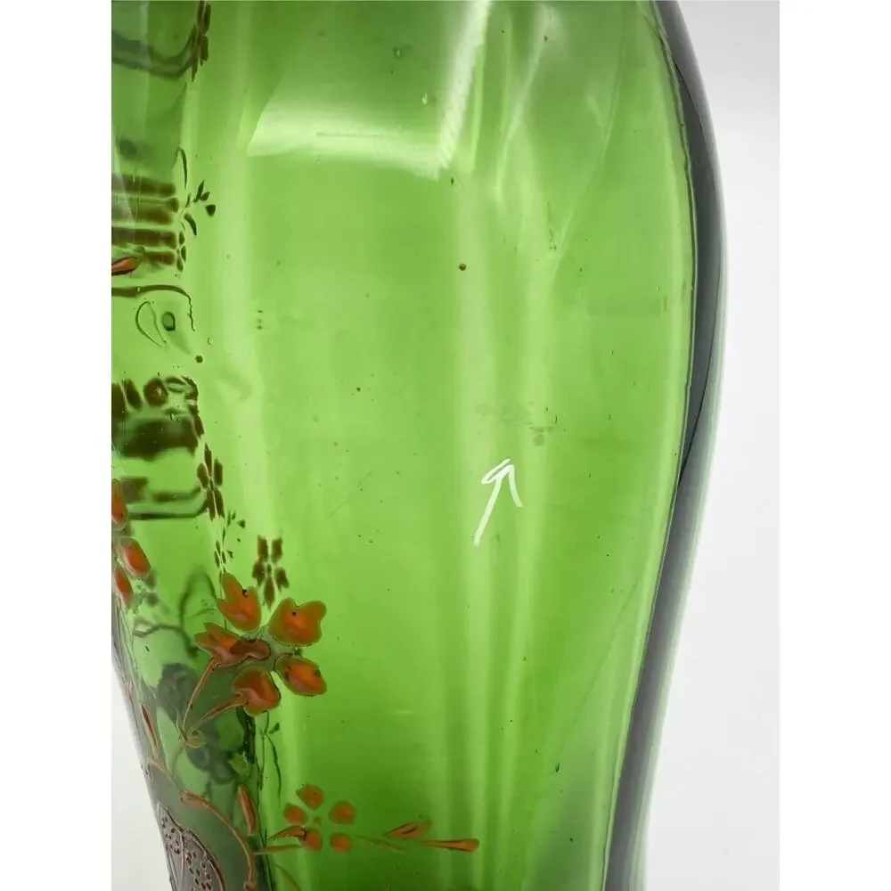 Antique Victorian Green Optic Art Glass Vase 8.5” Hand Painted Orange Florals